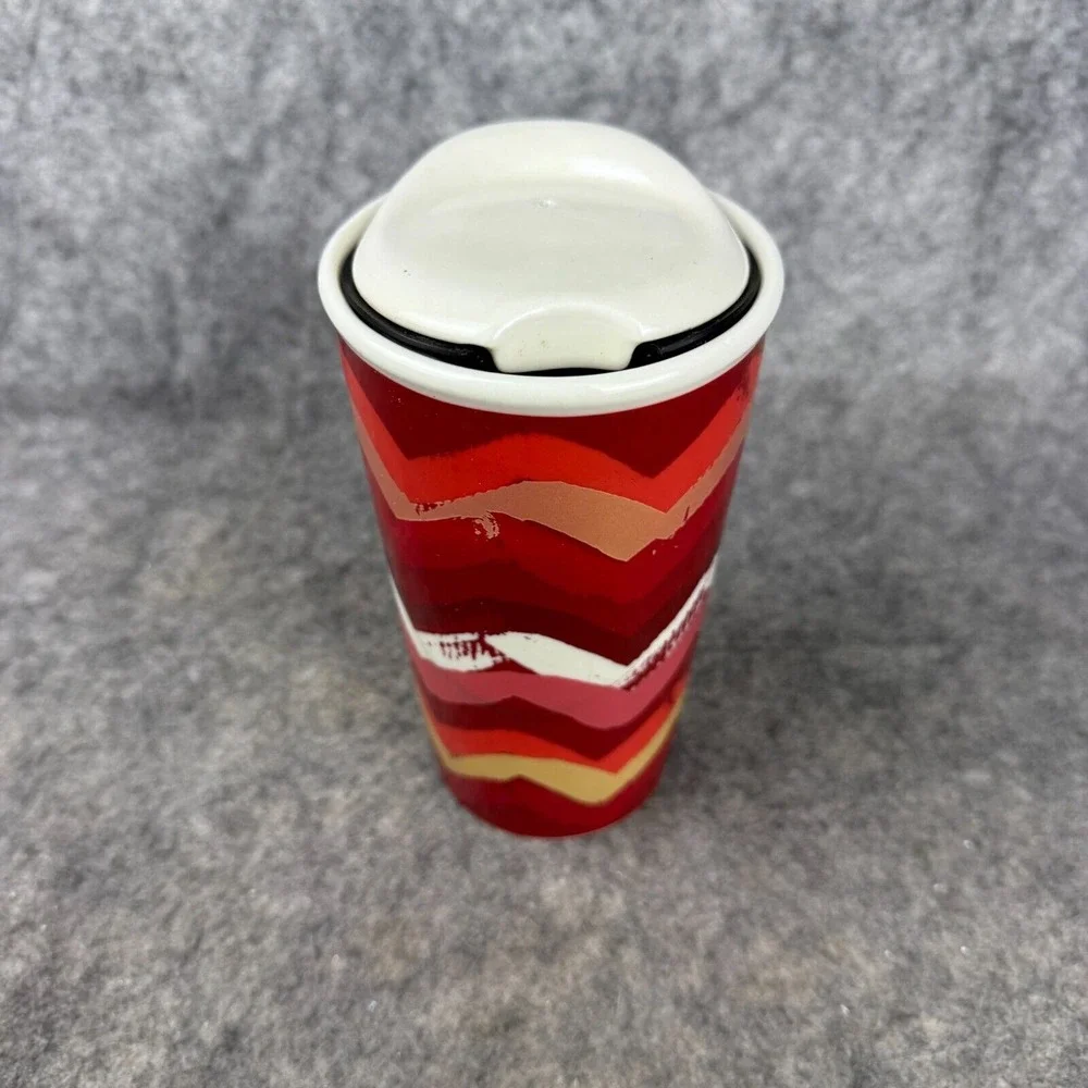 Starbucks Ceramic Travel Tumbler‎ Coffee Red Pink Gold Chevron 10 Oz  2014